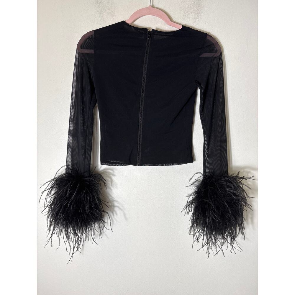 Alice + Olivia Black Mesh Long Sleeve Feather Cuff Shirt Sz XS - Picture 2 of 3